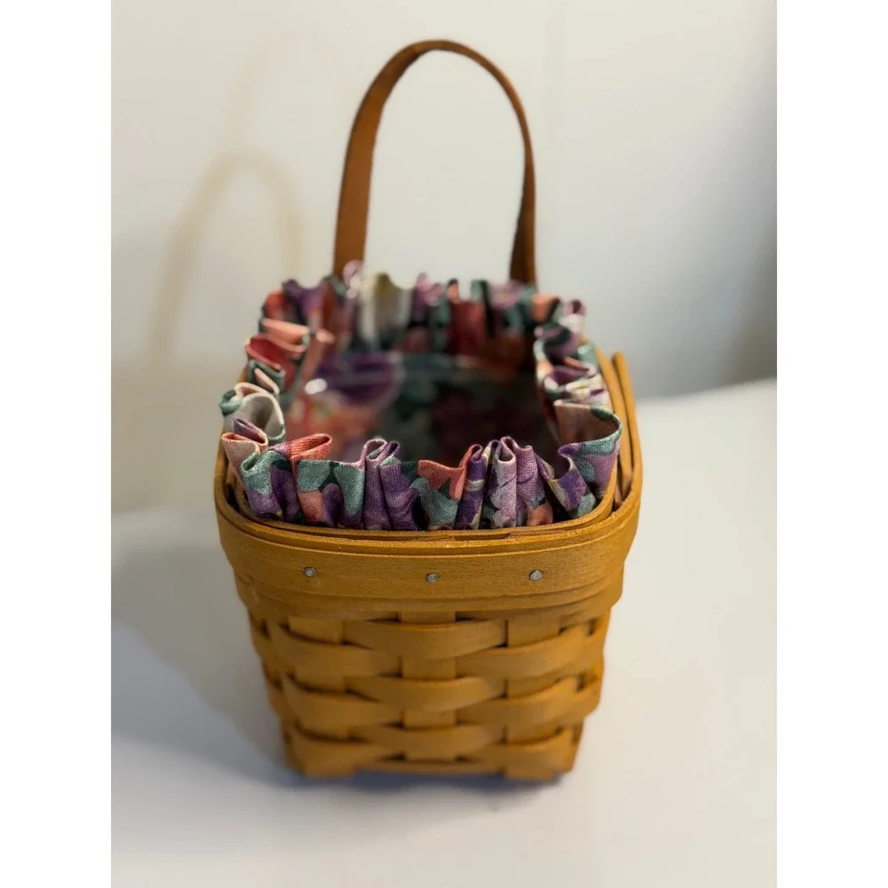 Longaberger Chives Booking Basket Brown Floral Fabric Liner Plastic Protector